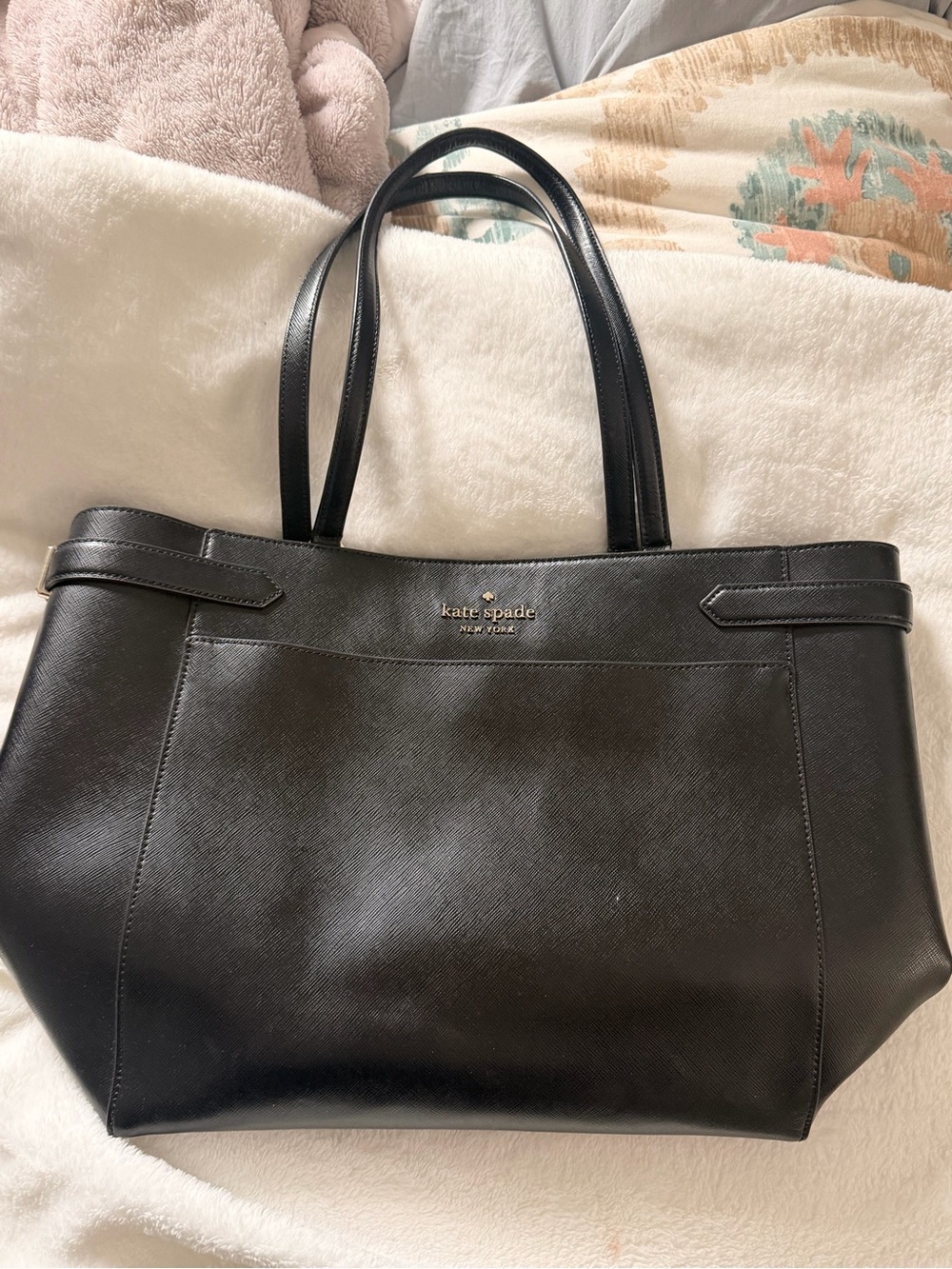 kate spade Black Leather Double-Compartment Tote with Gold Zippers